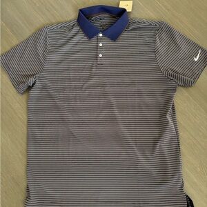 Nike Men's Tour Dri-FIT Polo Shirt - Black and White Stripes with Blue Collar
